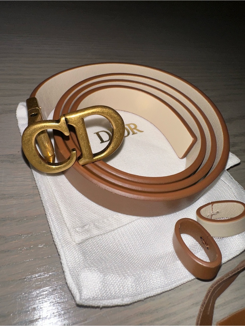Dior Brown and Cream Leather Belt with Gold CD Buckle